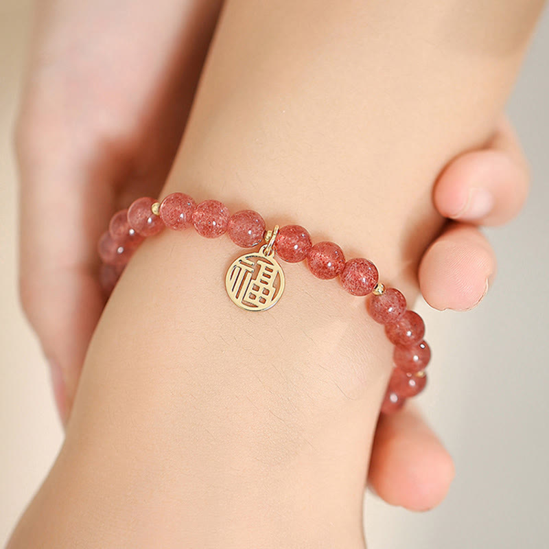 14K Gold Plated Strawberry Quartz Fu Character Healing Charm Bracelet - Image 16