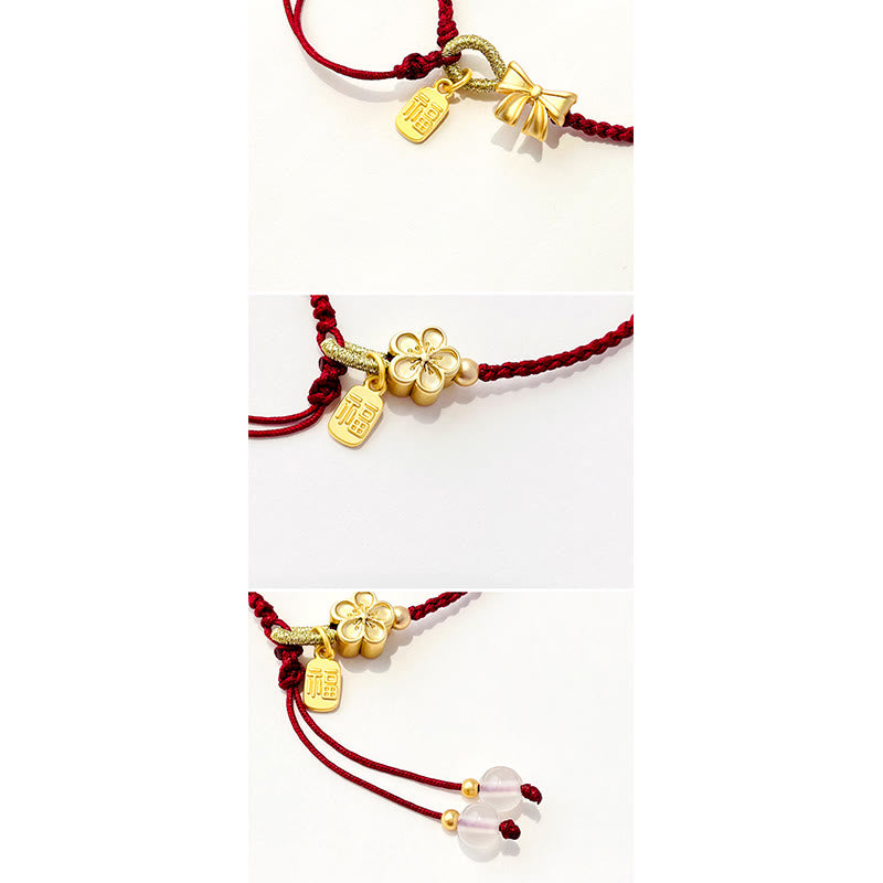 Handmade Peach Blossom Rosette Bow Knot Fu Character Charm Luck Fortune Red Rope Bracelet - Image 10