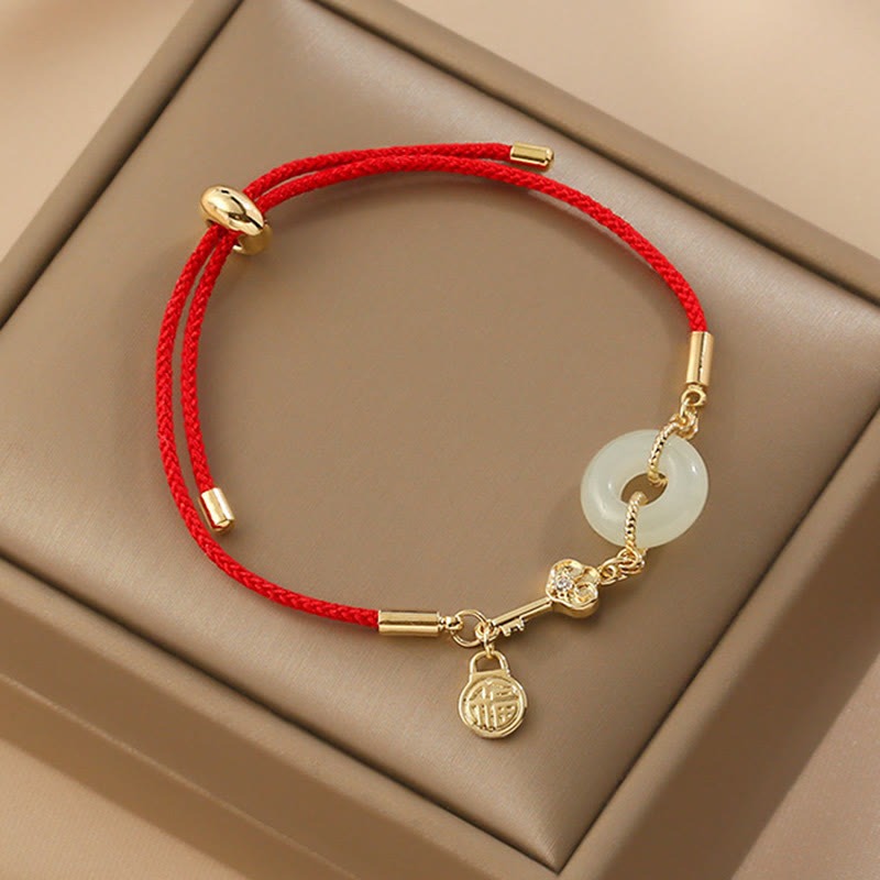 18K Gold Plated Hetian Jade Peace Buckle Fu Character Luck Red Rope Bracelet