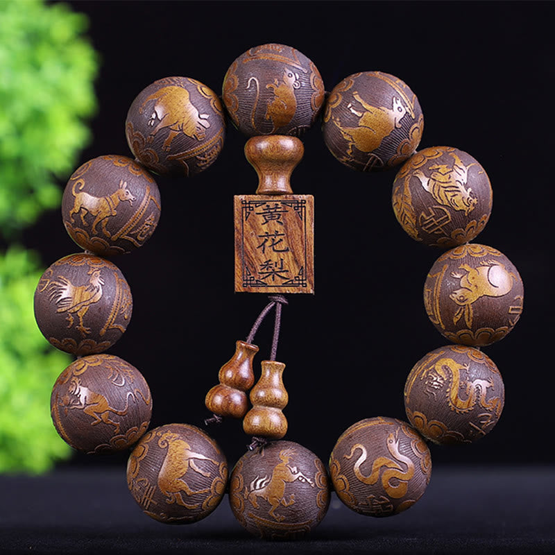 Chinese Zodiac Rosewood Ebony Copper Coin PiXiu Carved Warmth Bracelet