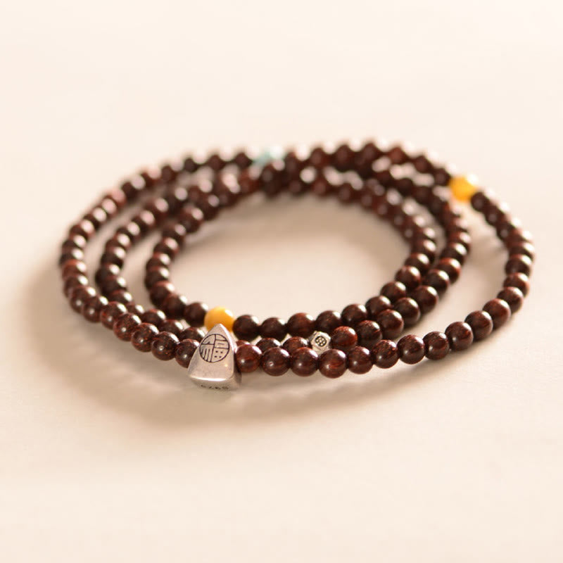 925 Sterling Silver Indian Small Leaf Red Sandalwood Fu Character Protection Triple Wrap Bracelet - Image 3