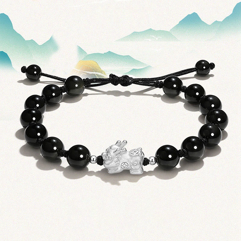 Natural Black Obsidian Cat's Eye Pink Crystal PiXiu Strength Bracelet