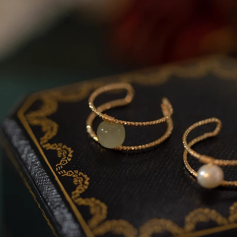 Round Jade Pearl Bead Double Layer Copper Luck Adjustable Ring