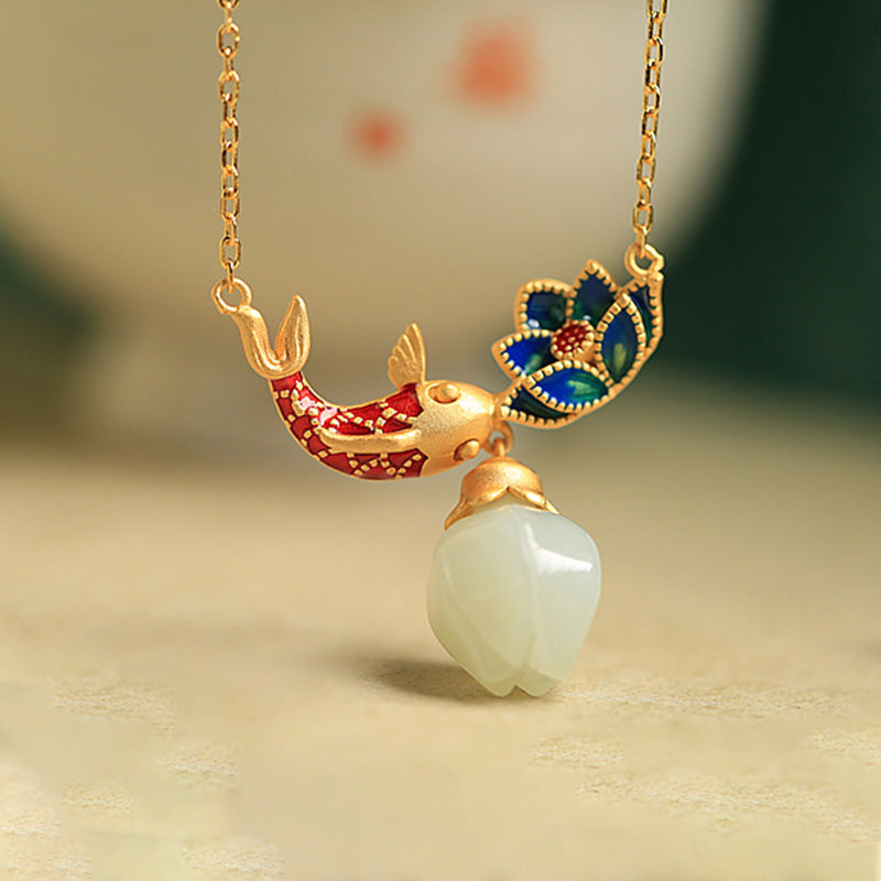 925 Sterling Silver White Jade Koi Fish Lotus Protection Necklace Pendant - Image 2