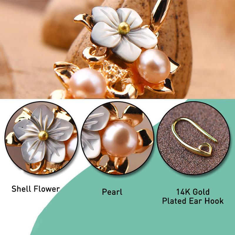 14K Gold Plated Tridacna Stone Flower Pearl Green Aventurine Bead Drop Earrings - Image 5