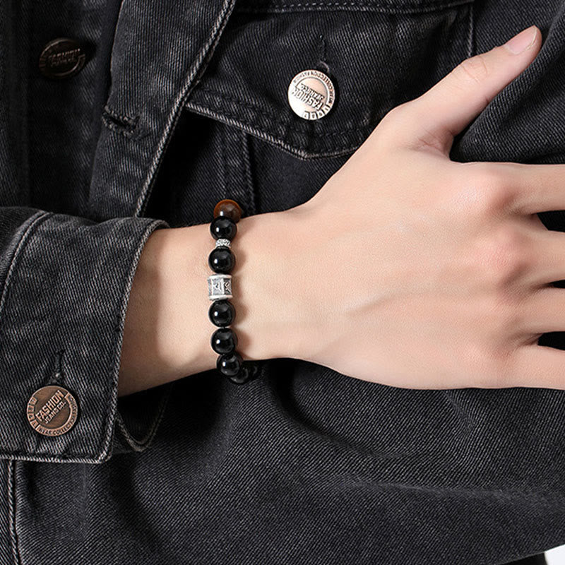 999 Sterling Silver Black Obsidian Tiger Eye Om Mani Padme Hum Fulfillment Bracelet - Image 8