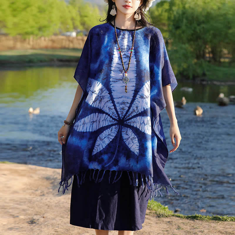 Blue Batik Shawl Tassels Maple Leaf Cozy Travel Pullover 95*90cm - Image 10