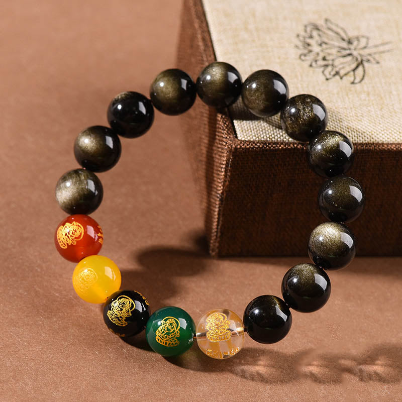 Gold Sheen Obsidian Rainbow Obsidian Black Obsidian Five Directions Gods of Wealth Bracelet - Image 3