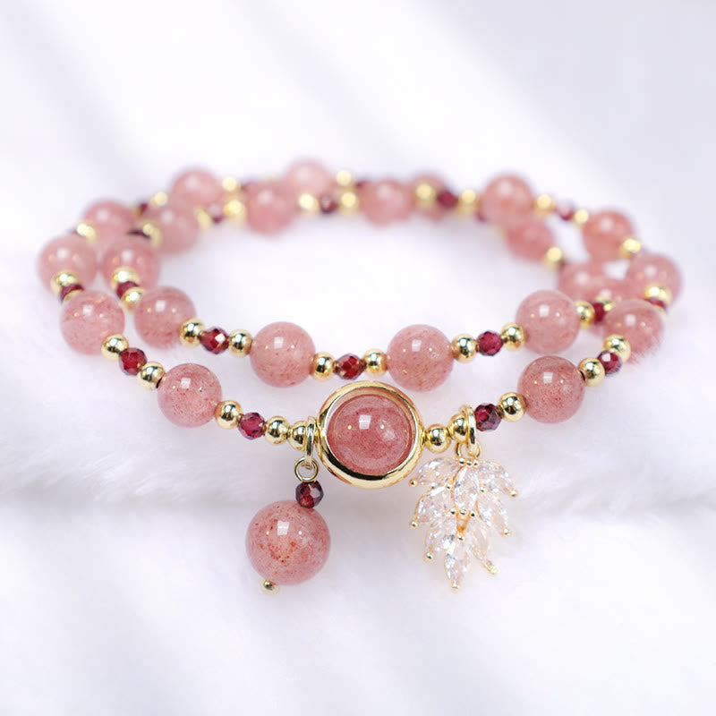 Natural Strawberry Quartz Love Healing Maple Leaf Charm Double Wrap Bracelet - Image 5