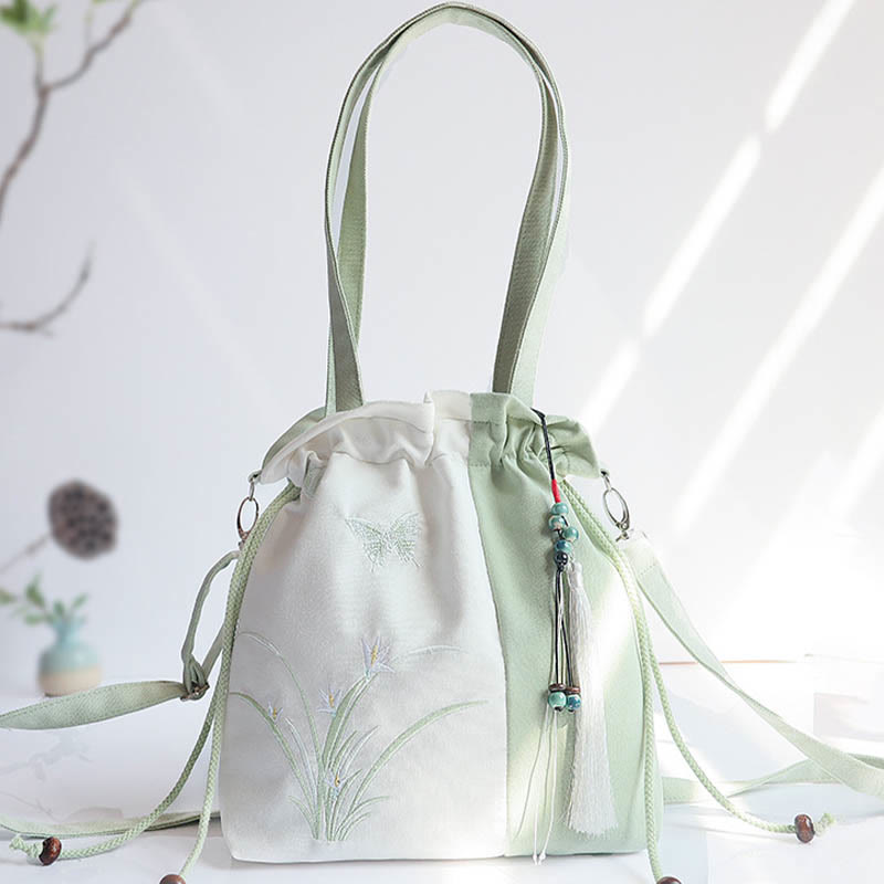 Embroidered Grass Flowers Cherry Blossom Canvas Tote Crossbody Bag Shoulder Bag Handbag