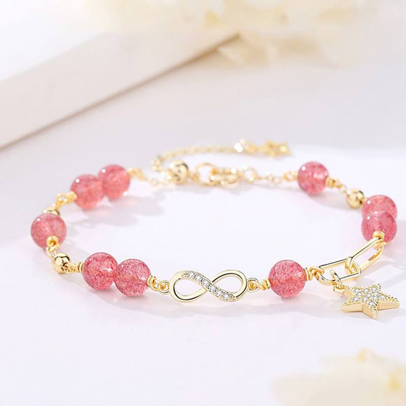 14K Gold Plated Natural Strawberry Quartz Moonstone Möbius Loop Eternal Love Star Positive Bracelet