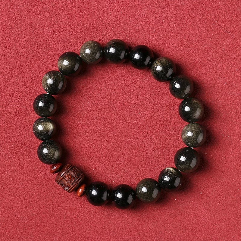 Natural Gold Sheen Obsidian Rainbow Obsidian Om Mani Padme Hum Fu Character Healing Bracelet - Image 3