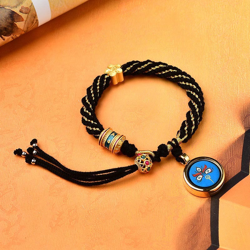 Tibet Handmade Five God Of Wealth Luck Thangka Amulet Prayer Wheel Flower Charm Weave String Bracelet - Image 6