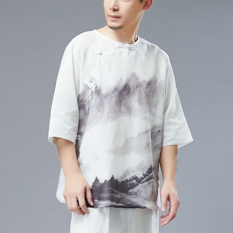 Men's Frog-Button Mountain Landscape Ink Painting Half Sleeve Shirt - Image 5