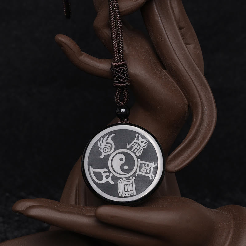 Black Obsidian Taoism Five Sacred Mountains Nine-Character Mantra Carved Purification Yin Yang Necklace Pendant - Image 10