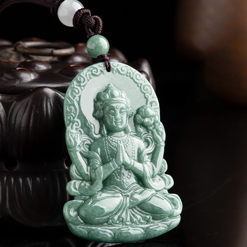 Four-armed Avalokitesvara Natural Jade Amulet Blessing String Necklace - Image 5