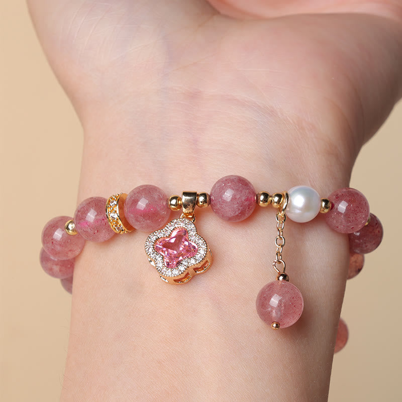 Strawberry Quartz Pearl Four Leaf Clover Charm Healing Bracelet - Image 5