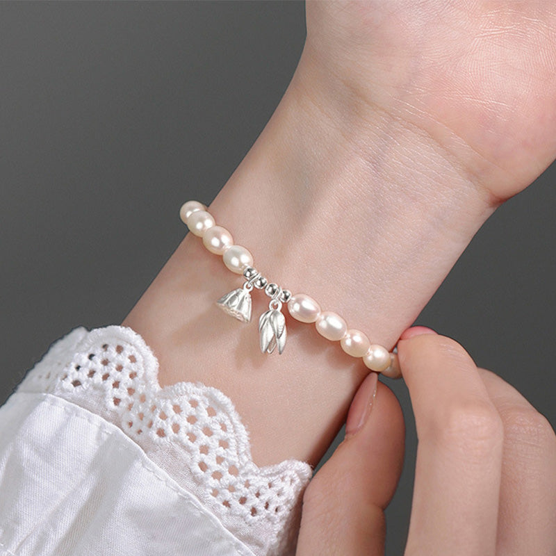 999 Sterling Silver Lotus Flower Pod Natural Pearl Healing Bracelet - Image 7
