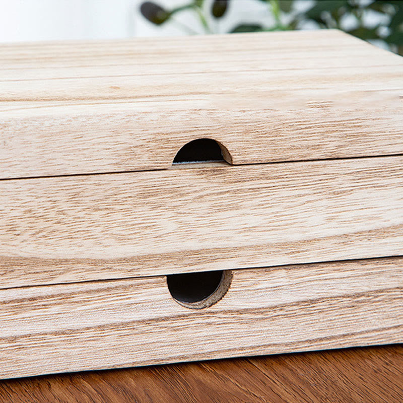 Retro Beige Wooden Jewelry Box Two-Layer Jewelry Storage Box With Mirror - Image 12