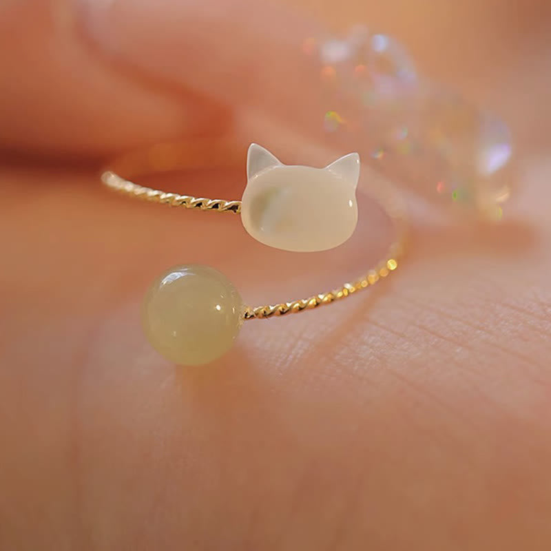 Tridacna Stone Cat Head Jade Bead Blessing Ring