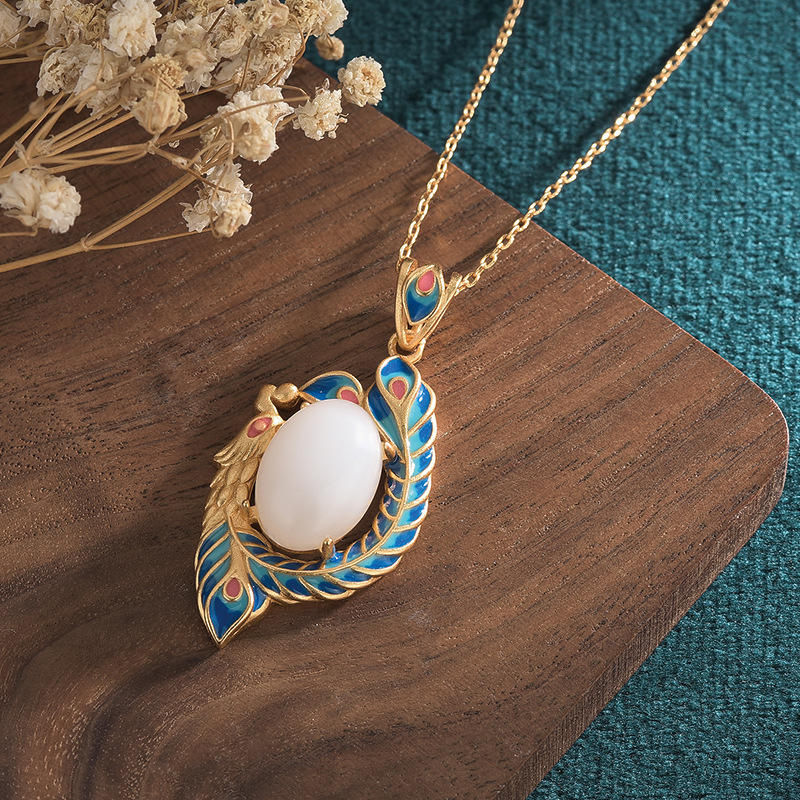 White Jade Peacock Copper Blessing Necklace Pendant - Image 3