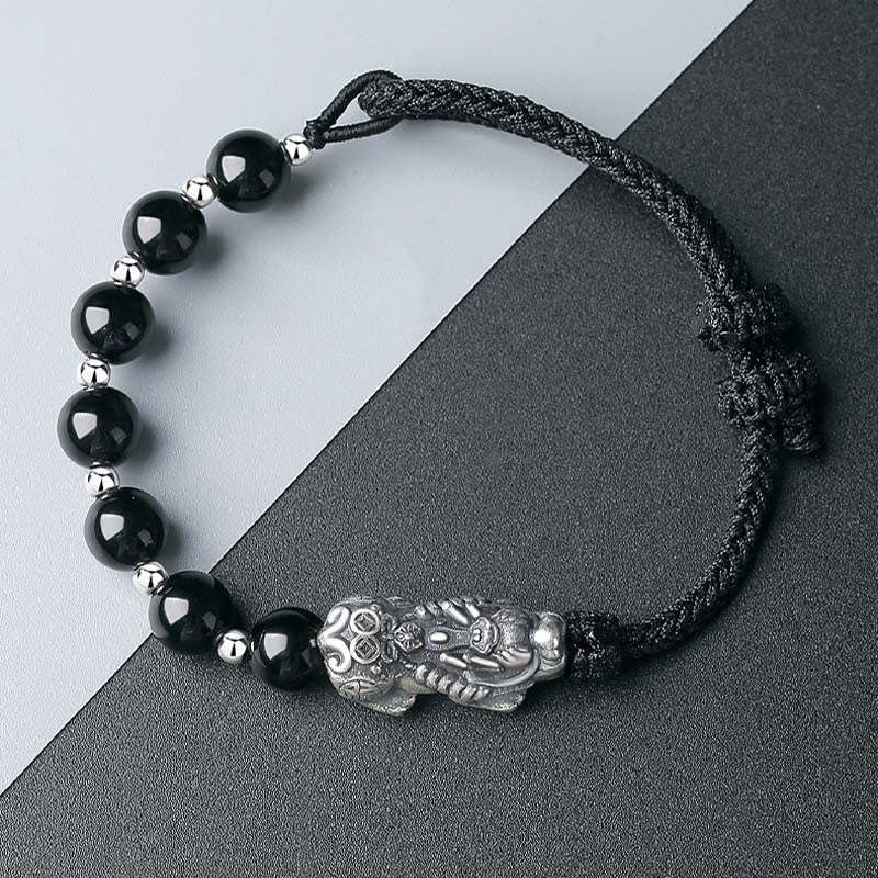 999 Sterling Silver FengShui PiXiu Natural Black Obsidian 925 Sterling Silver Bead Strength Bracelet - Image 9