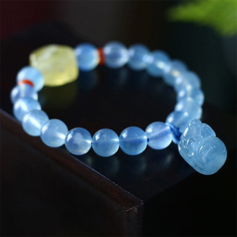 Natural Aquamarine Amber Pixiu Peace Healing Charm Bracelet - Image 6