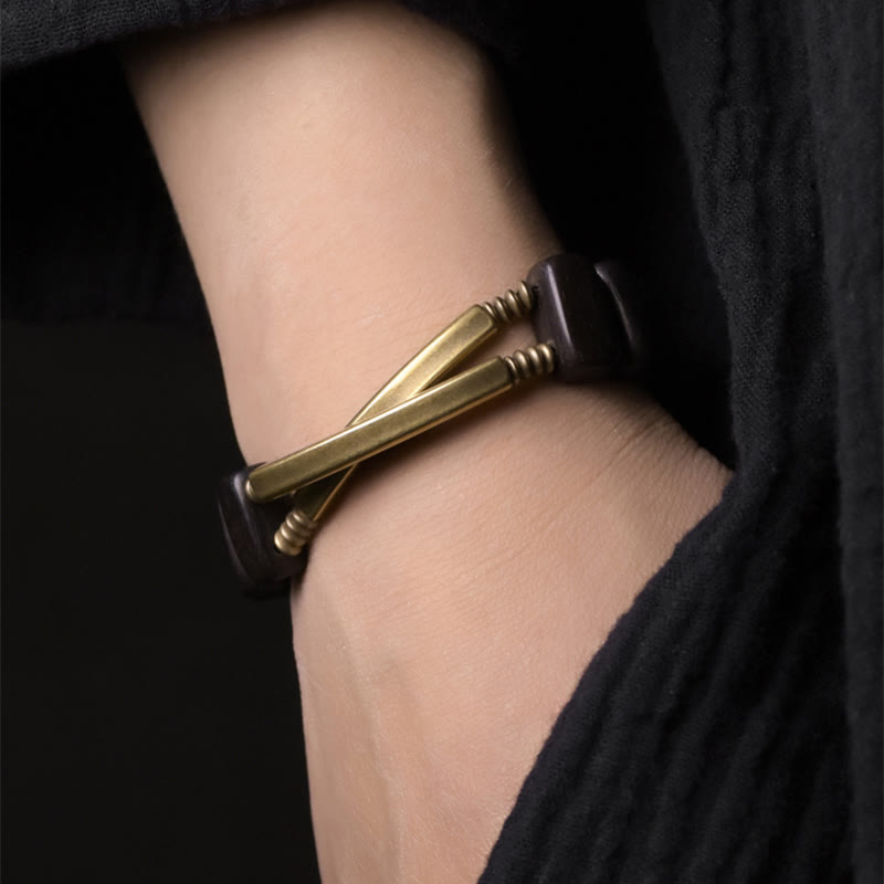 Tibetan Ebony Wood Brass Copper Balance Double Layer Bracelet - Image 4