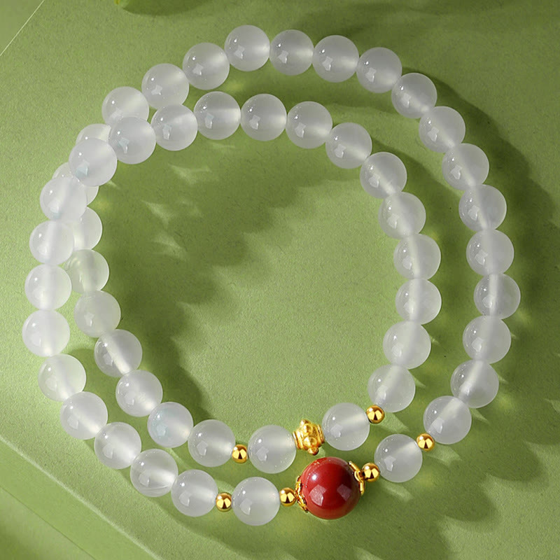 925 Sterling Silver Natural White Agate Cinnabar Double Wrap Protection Bracelet - Image 11