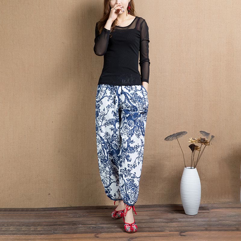 Blue Tree Flowers Print Harem Pants With Pockets - Image 4