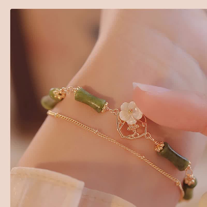 14k Gold Plated Copper Peridot Bamboo Flower Wealth Double Layer Bracelet - Image 4