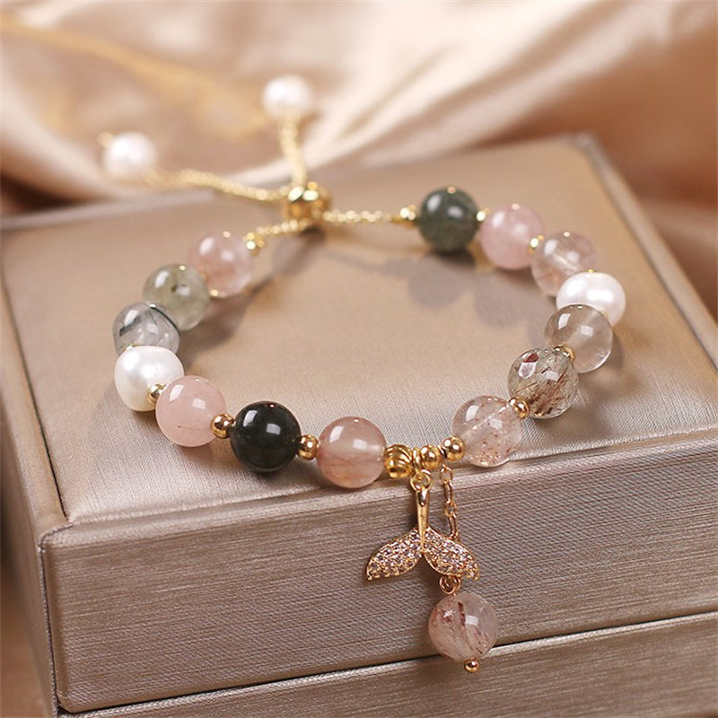 Strawberry Quartz Rutilated Quartz Fishtail Charm Healing Bracelet - Image 8