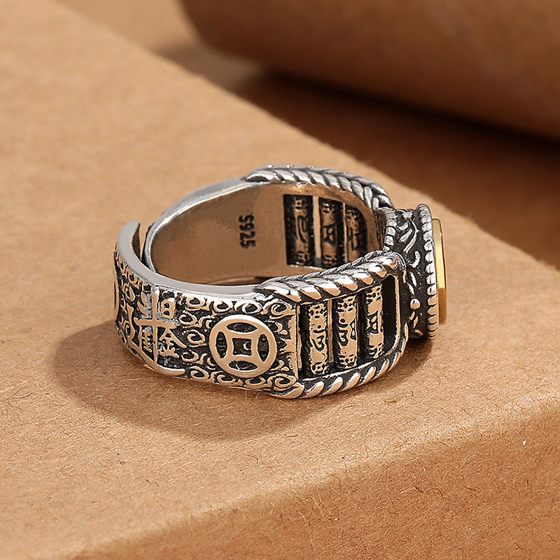 Tibetan Om Mani Padme Hum Carved Design Copper Coin Purity Rotatable Ring - Image 3