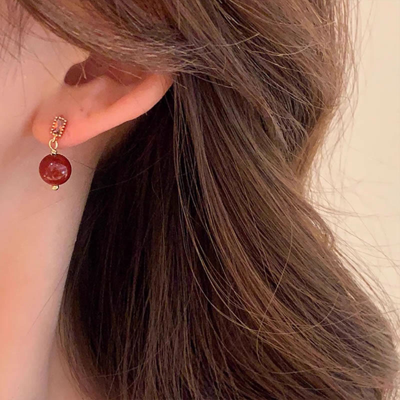 925 Sterling Silver Posts 14K Gold Filled Cinnabar Bead Zircon Calm Earrings - Image 7