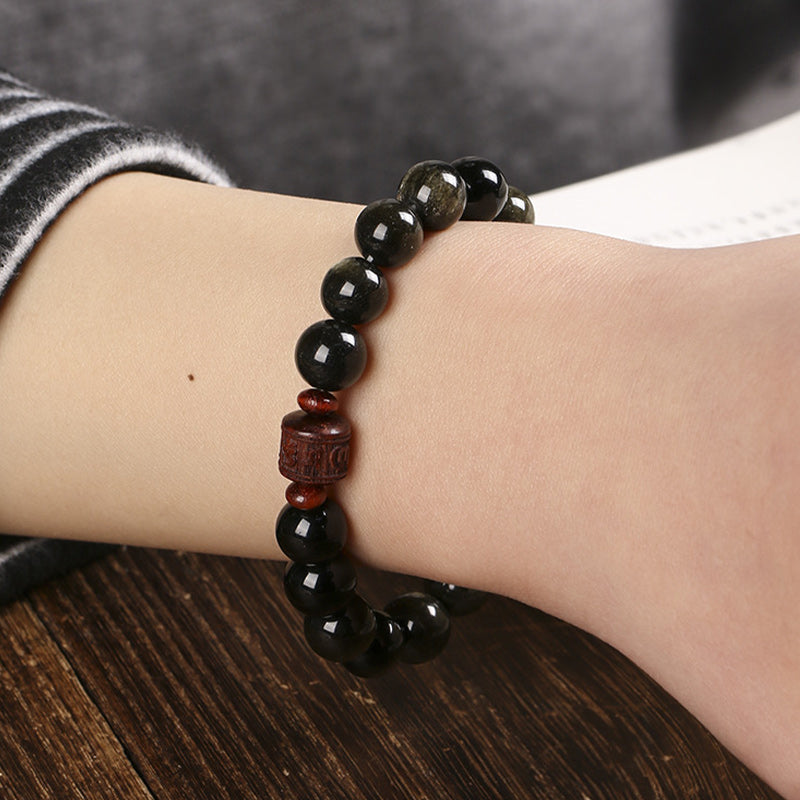 Natural Gold Sheen Obsidian Rainbow Obsidian Om Mani Padme Hum Fu Character Healing Bracelet - Image 9