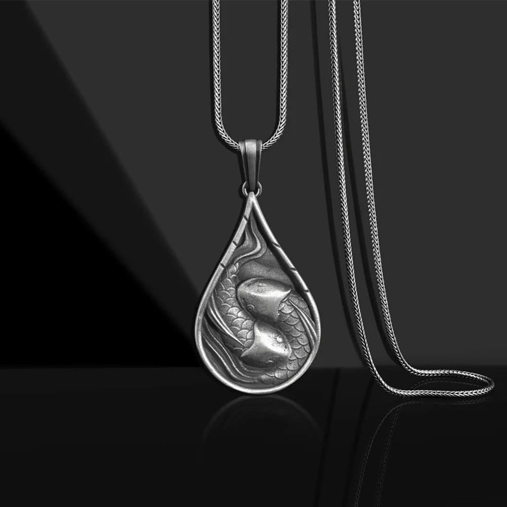 Double Lucky Koi Fish Prosperity Pure Tin Water Drop Pattern Necklace Pendant