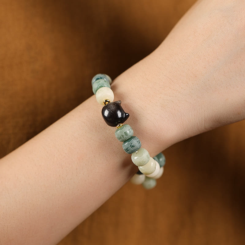 Bodhi Seed Silver Sheen Obsidian Cat Head Om Mani Padme Hum Engraved Harmony Bracelet - Image 12