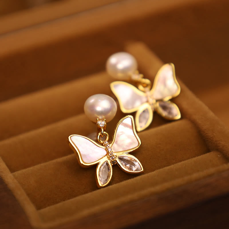 18K Gold Plated Copper Natural Shell Pearl Butterfly Sincerity Stud Earrings - Image 7