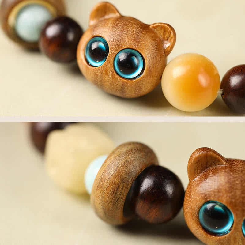 Natural Bodhi Seed Sandalwood Lucky Cute Cat Head Paw Claw Peace Bracelet - Image 4