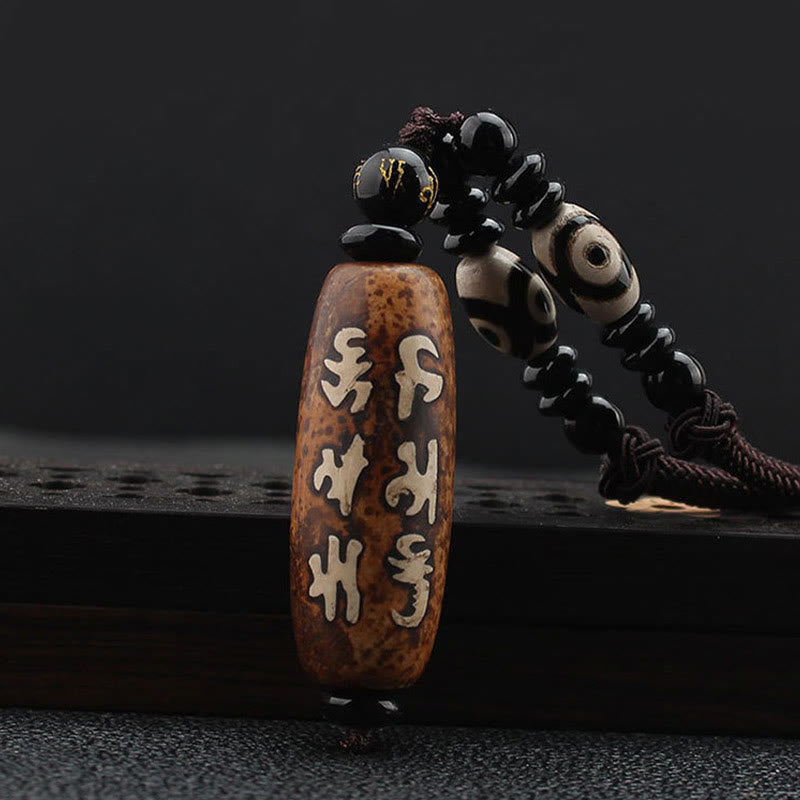 Tibet Om Mani Padme Hum Dzi Bead Avalokitesvara Pattern Wealth Necklace Pendant