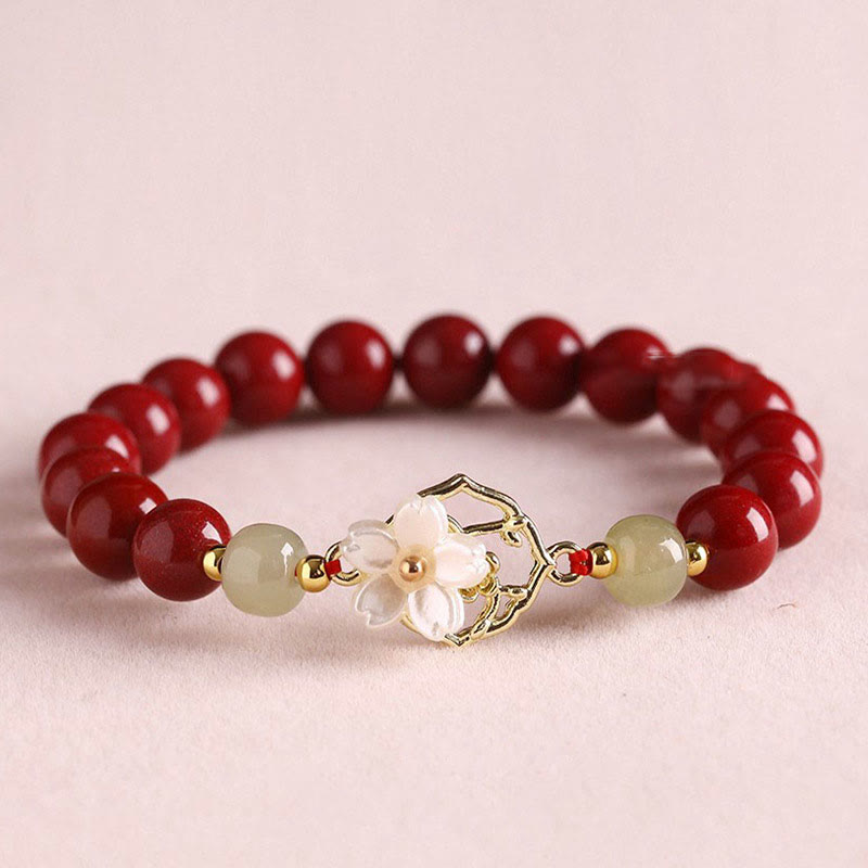 Natural Cinnabar Jade Beaded Tridacna Stone Flower Blessing Bracelet