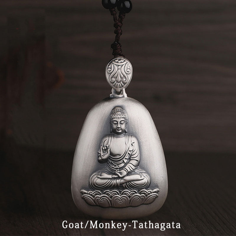 999 Sterling Silver Chinese Zodiac Natal Buddha Heart Sutra Engraved Protection Necklace Pendant