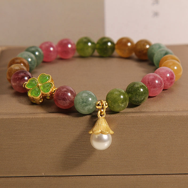 Colorful Tourmaline Four Leaf Clover Flower Wisdom Bracelet