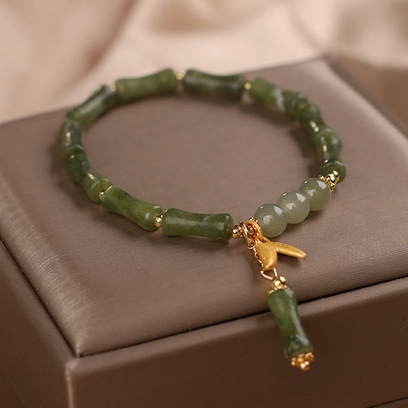 Green Bamboo Jade Leaf Pattern Wealth Luck Bracelet - Image 3