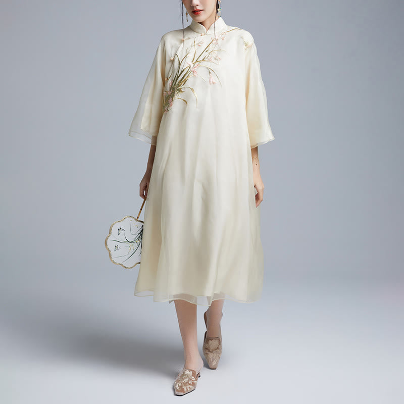 100% Mulberry Silk 6 Momme Dress Vintage Flower Butterfly Embroidery Qipao Dress Women's Cheongsam Dress - Image 6