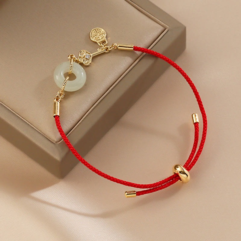 18K Gold Plated Hetian Jade Peace Buckle Fu Character Luck Red Rope Bracelet - Image 9