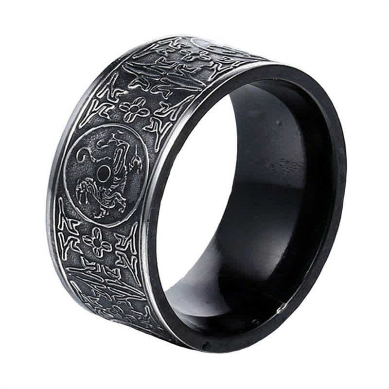 Four Guardian Beast Dragon White Tiger Suzaku Basalt Carved Success Luck Ring