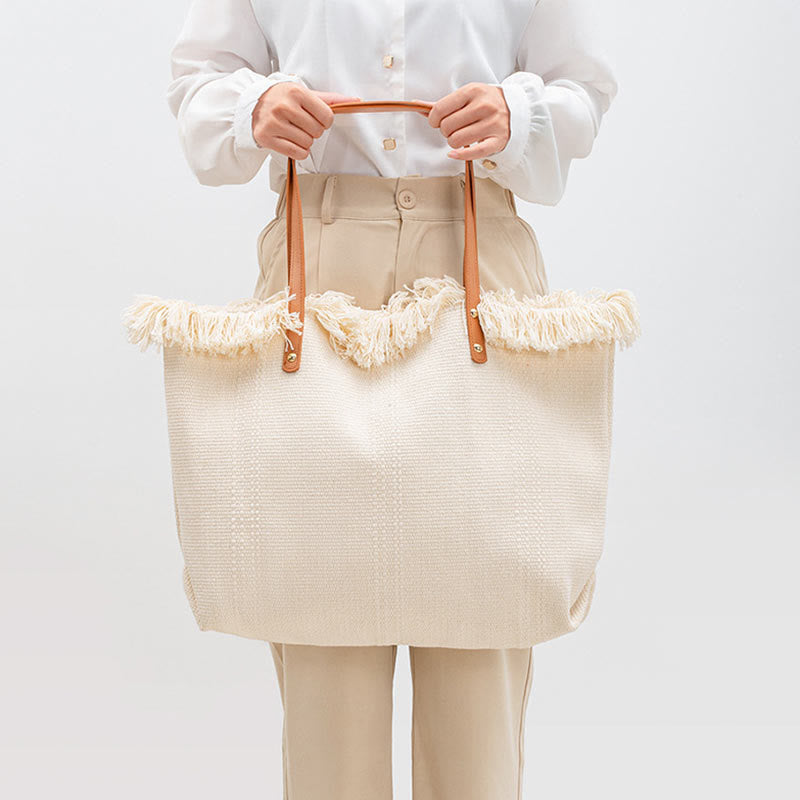 Large Capacity Solid Color Tassel Canvas Tote Shoulder Bag - Image 12