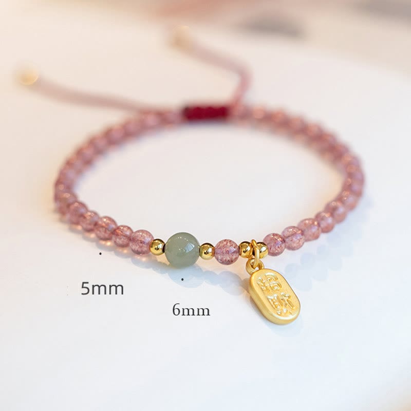 Natural Strawberry Quartz Garnet Jade Lucky Fortune Fu Character Healing Charm Bracelet - Image 9