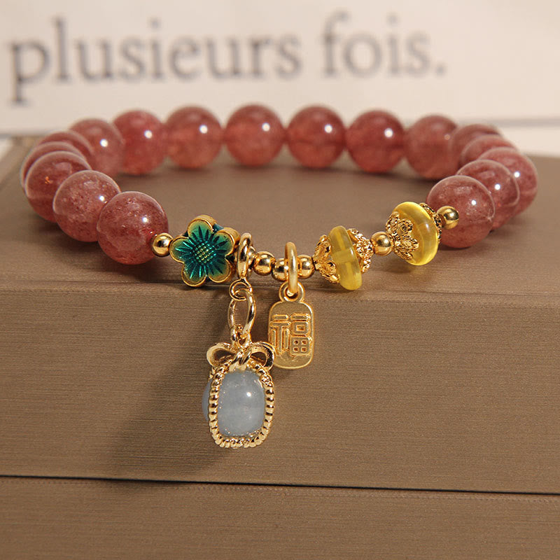 Natural Strawberry Quartz Crystal Aquamarine Fortune Brand Love Bracelet